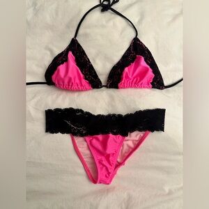 Hot Pink Bikini with Black Lace Trim